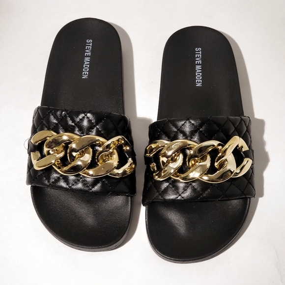 Steve Madden | Shoes | Steve Madden Slides Black With Gold Chain Size 9 |  Poshmark